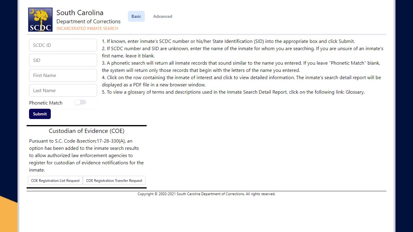 Incarcerated Inmate Search - sword.doc.state.sc.us